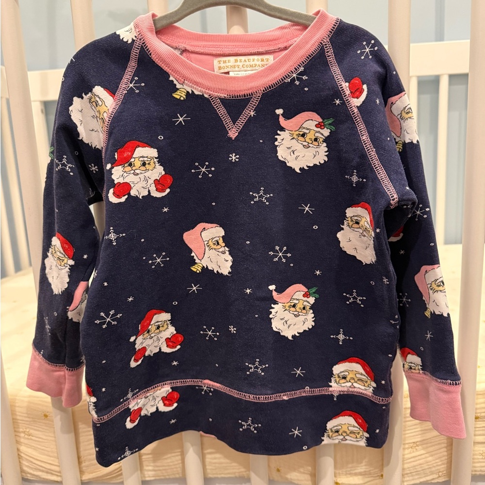 The Beaufort Bonnet Company Navy Crewneck with Pink Trim and Santa Print